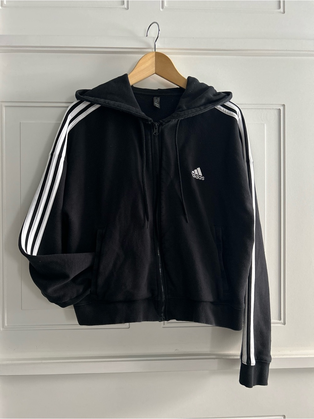 Adidas Black Zip-Up Hoodie with famous White Three Stripes